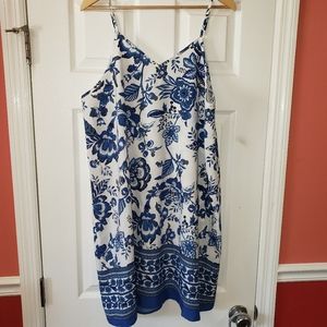 Blue and white print dress.